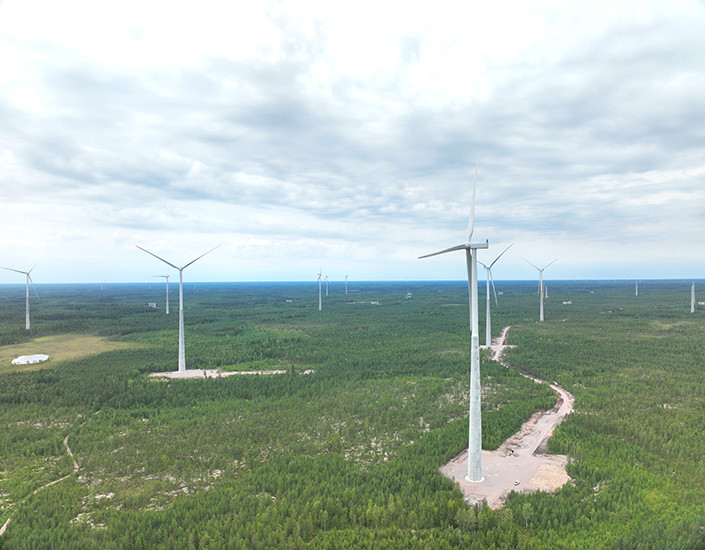 Tuulivoimaloita vihreän metsän keskellä ilmasta käsin kuvattuna.