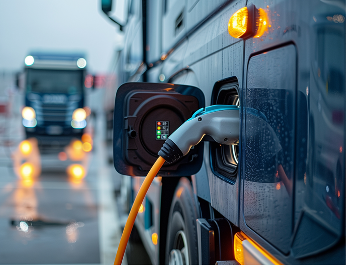 Electric truck charging in the rain.