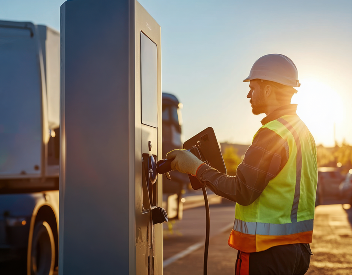 Worker connects truck to charging station.
