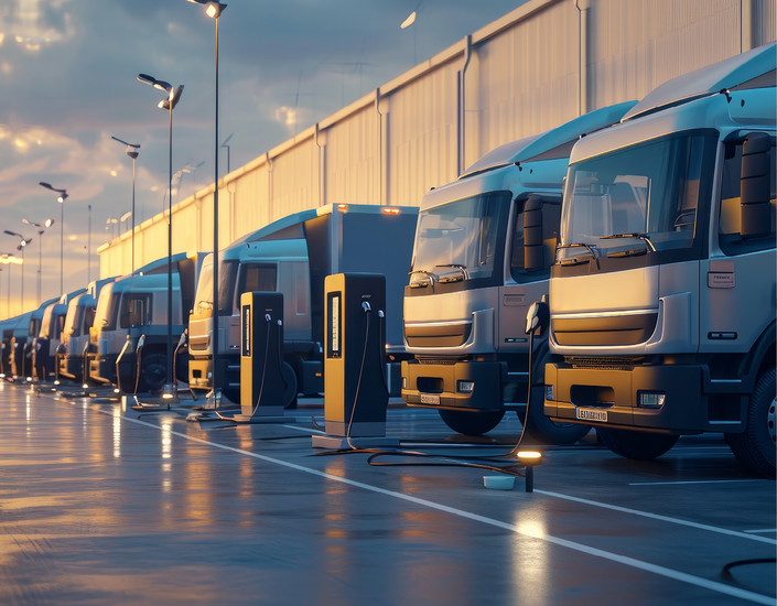 Elektro-Lkw-Flotte lädt an Ladestationen bei Sonnenaufgang.